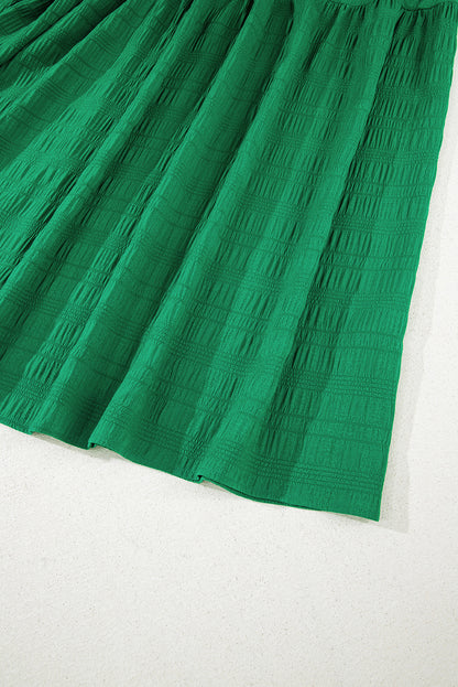 Dark Green Solid Textured Smocked Puff Short Sleeve High Waist Long Dress