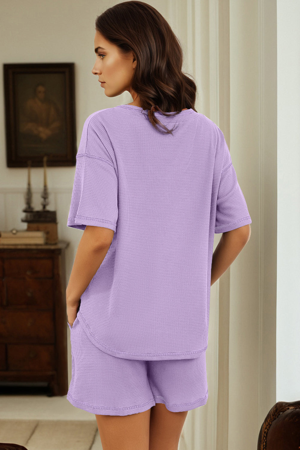 Orchid Petal Solid Color Waffled V Neck Loose Tee Drawstring Shorts Set