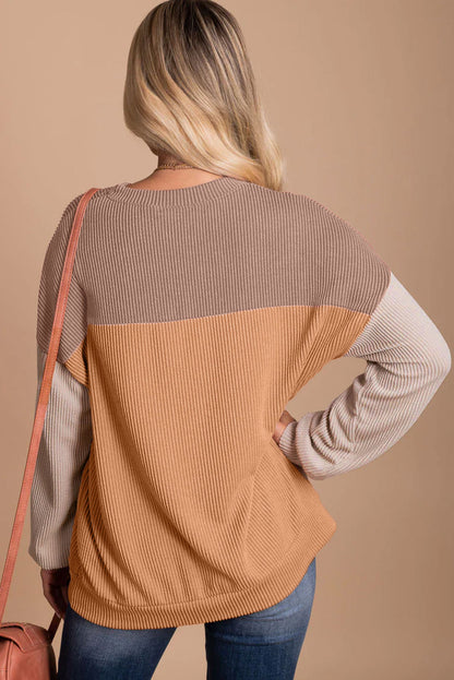 Multicolor Color Block Long Sleeve Ribbed Loose Top
