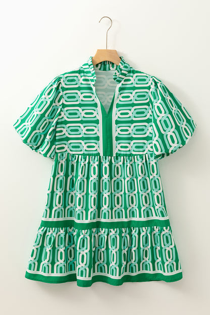 Bright Green Abstract Patterned V Neck Puff Short Sleeve Mini Dress