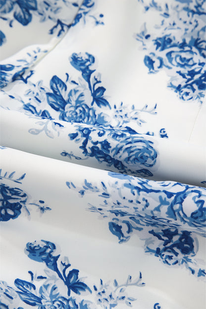 Sky Blue Floral Print Strapless Zipped Back Knot Waist Ruffled Romper