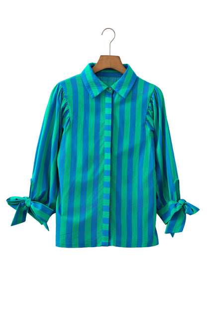 Blue Stripe Tie Puff Sleeve Womens Button Down Shirt