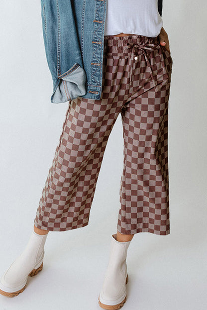 Sky Blue Checkered Elastic High Waist Loose Casual Pants