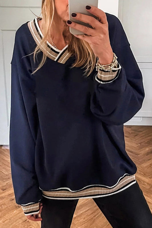 Navy Blue Varsity Contrast Striped Trim V Neck Sweatshirt