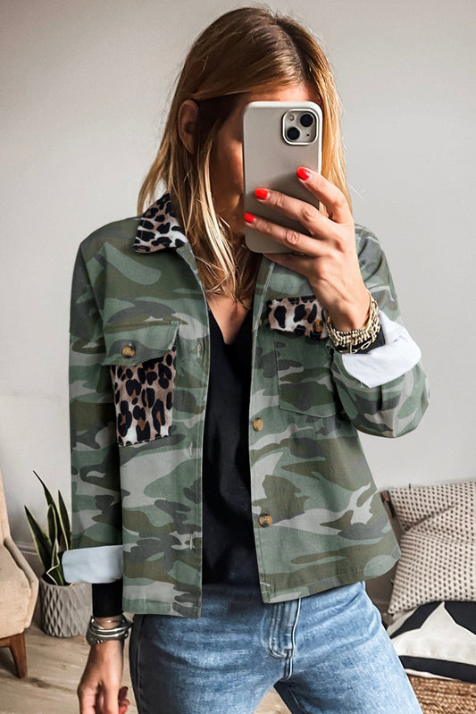 Green Camo Leopard Patchwork Flap Pocket Crop Jacket