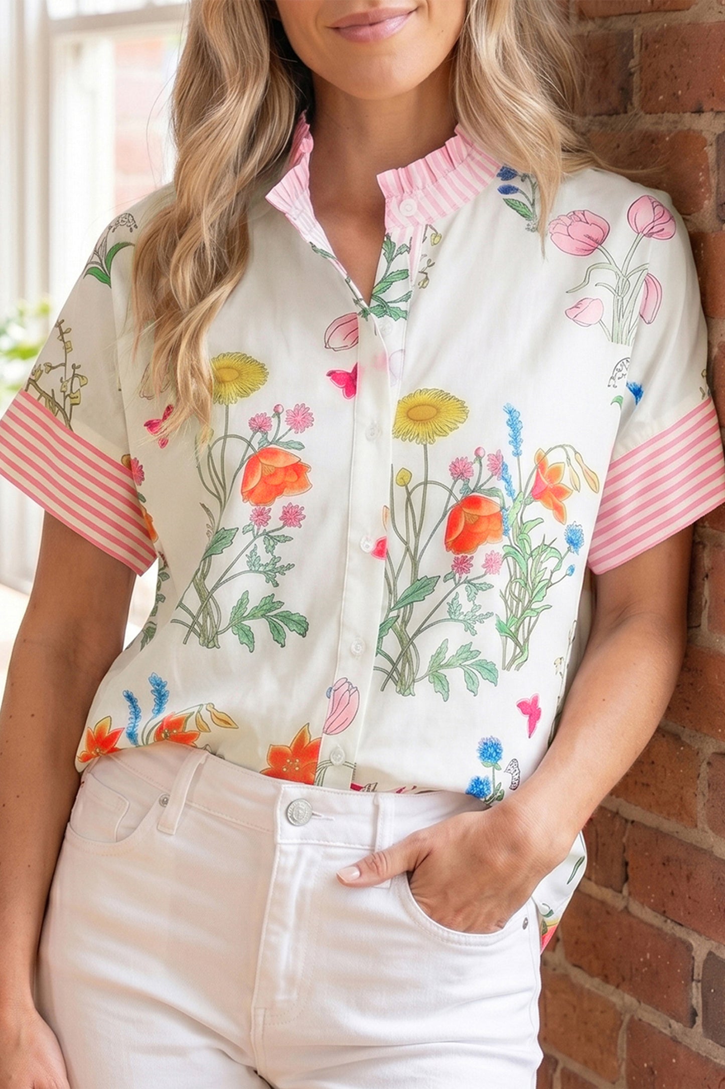 Sky Blue Floral Striped Patchwork Ruffled Collar Short Sleeve Shirt
