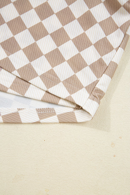 Khaki Checkered Long Sleeve Crop Top High Waist Skort 2pcs Set