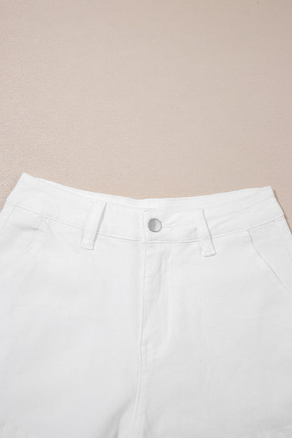 White Scalloped Hemline Acid Wash High Waist Denim Shorts