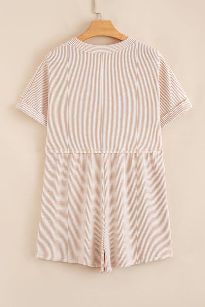 Bright Pink Spiral Ribbed Short Sleeve V Neck Buttoned Romper with Pocket