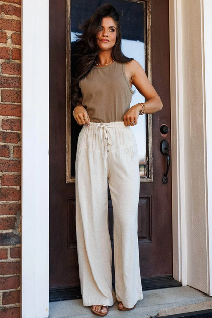 Jet Stream Drawstring Elastic Waist Button Pleated Detail Wide Leg Pants