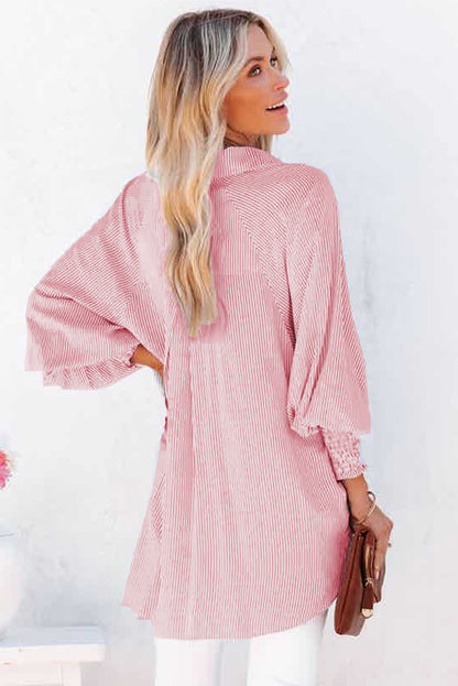 Red Stripe Smocked Cuffed Striped Boyfriend Shirt with Pocket