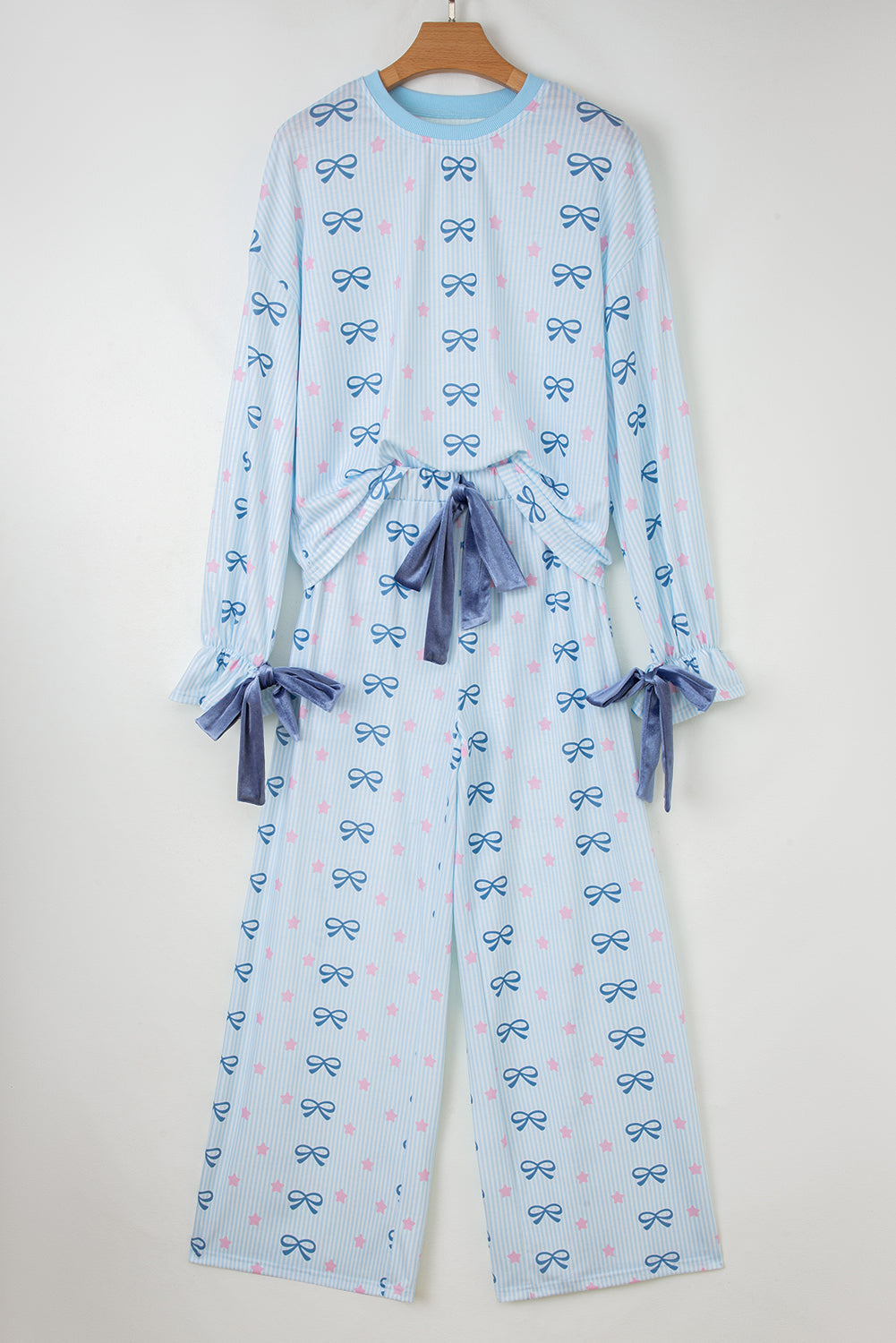 Sky Blue Stripe Bow Star Print Tied Detail 2pcs Lounge Set