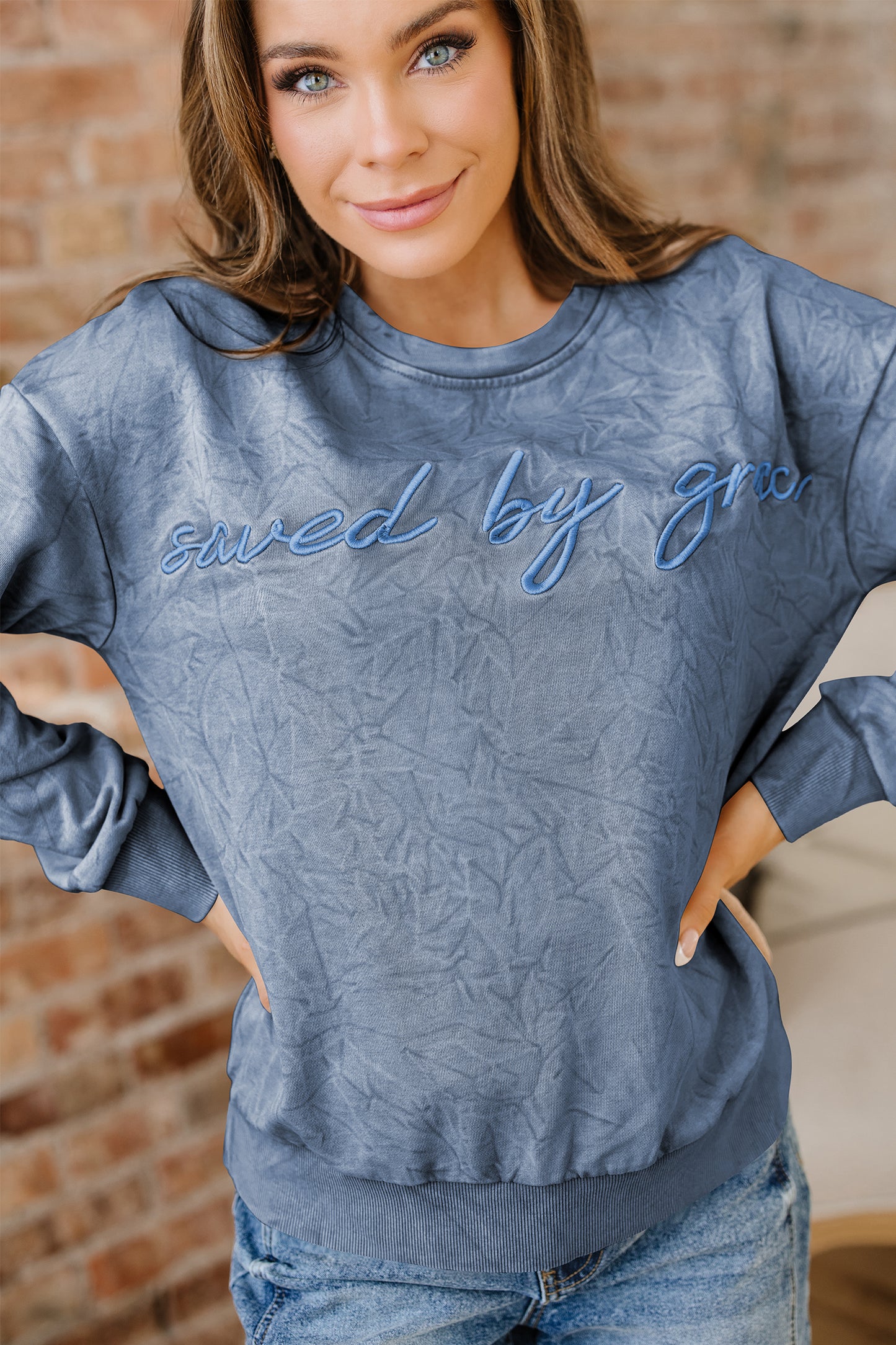 Real Teal saved by grace Letter Embroidery Mineral Wash Loose Sweatshirt
