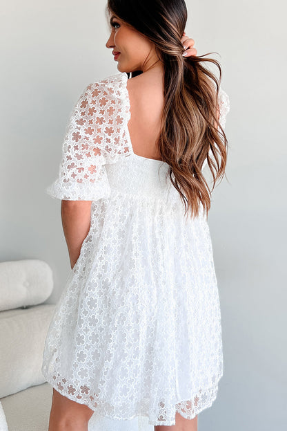 White Floral Lace Puff Sleeve Empire Waist Mini Dress