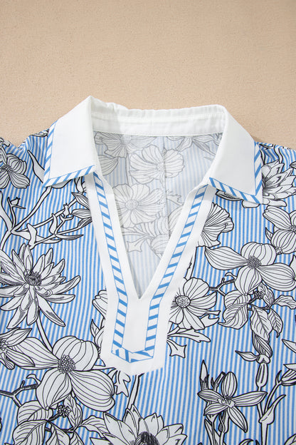 Sky Blue Floral Striped Printed Polo Collar Short Sleeve Blouse