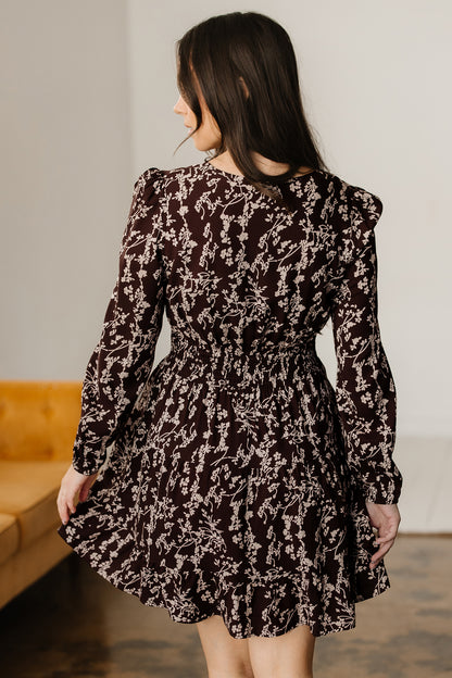 Brown Ditsy Floral Print Split Neck Long Sleeve Shirred Waist Flared Mini Dress