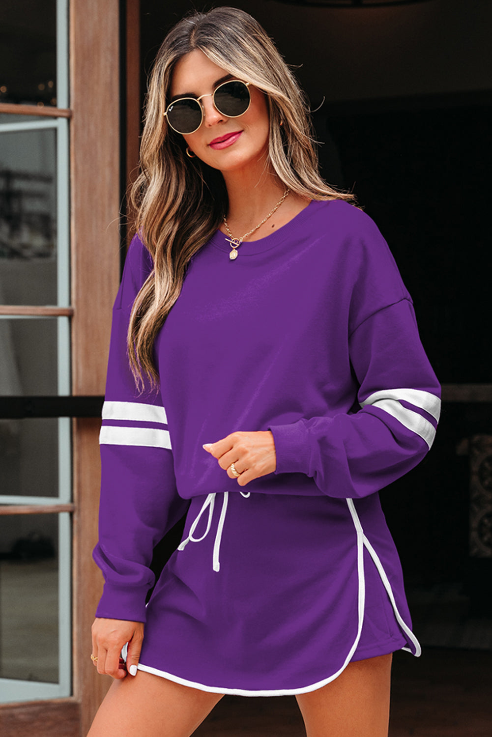 Evergreen Varsity Stripe Detail Drop Shoulder Pullover Mini Skirt Set