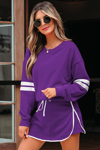 Evergreen Varsity Stripe Detail Drop Shoulder Pullover Mini Skirt Set