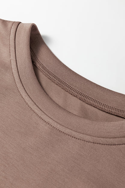 Coffee Solid Color Drop Shoulder Pullover Drawstring Mini Skirt 2pcs Outfit