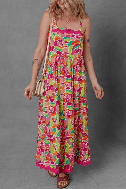 Multicolour Floral Tied Straps Ricrac Trim Maxi Dress