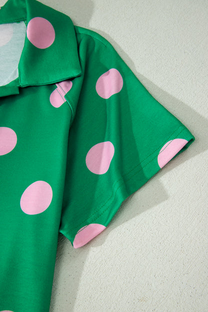Pink Polka Dot Print V Neck Tee Short Set