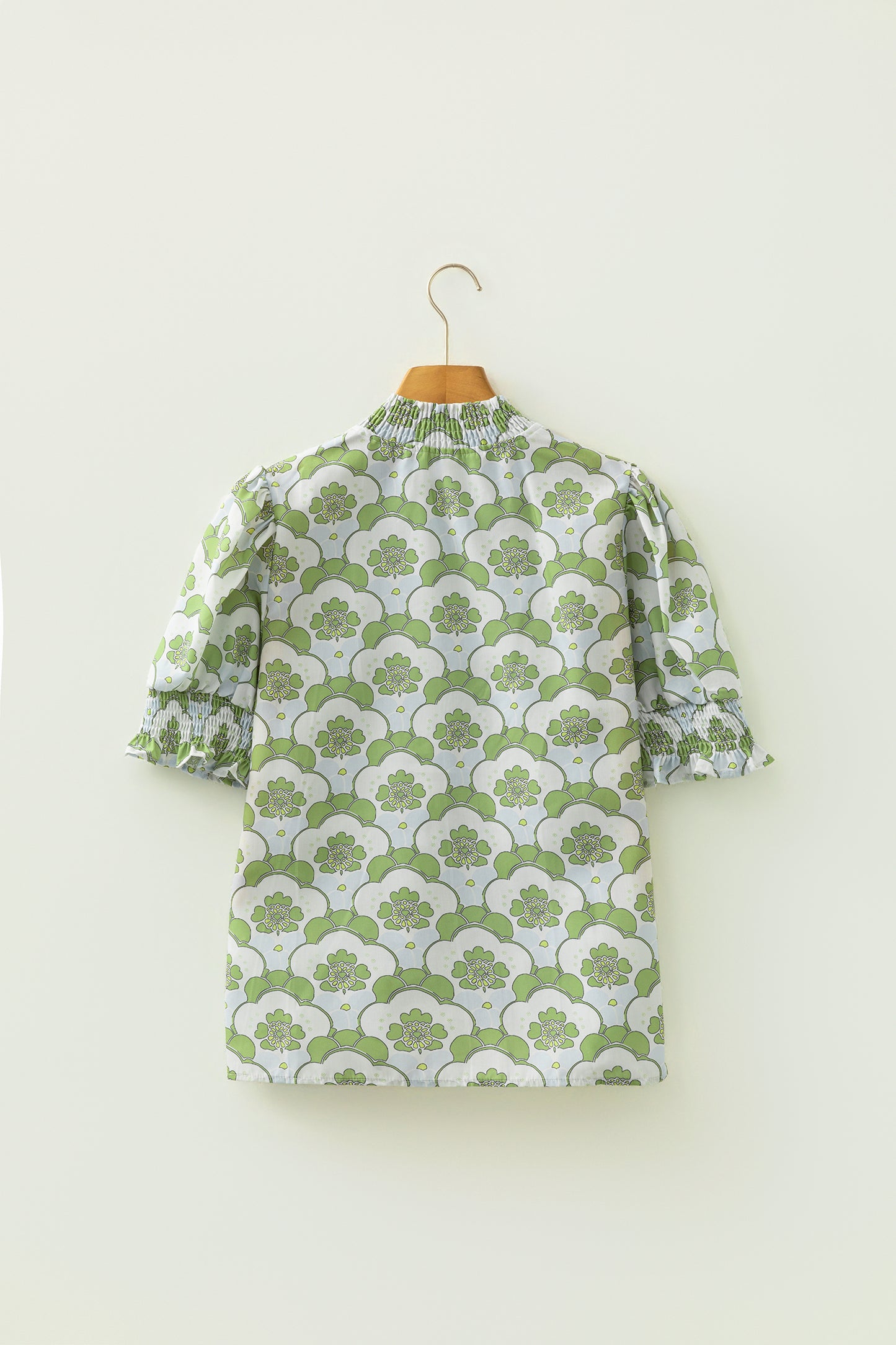 Green Floral Clouds Ruffled Short Sleeve Summer Blouse