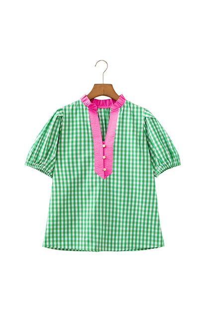 Green Gingham Plaid Bubble Sleeve Colorblock Trim V Neck Blouse