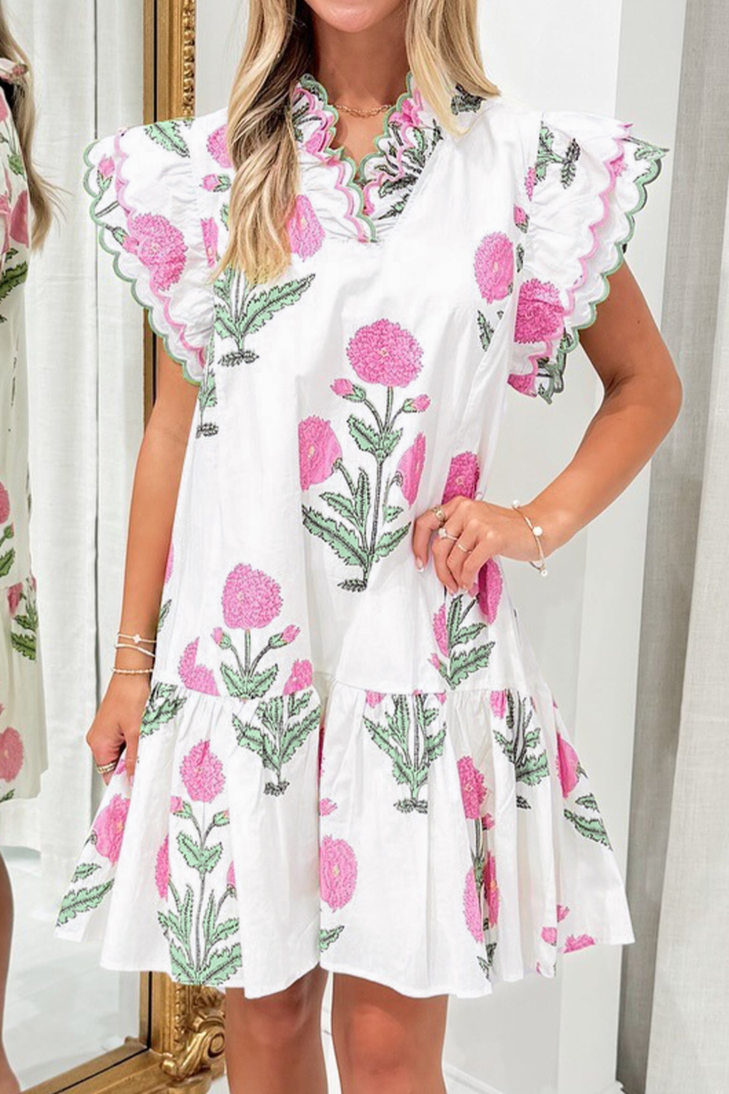 Sky Blue Wild Floral Print Scalloped Embroidery Trim V Neck Drop Waist Mini Dress