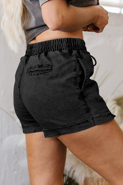 Black Drawstring High Waist Pocketed Denim Shorts