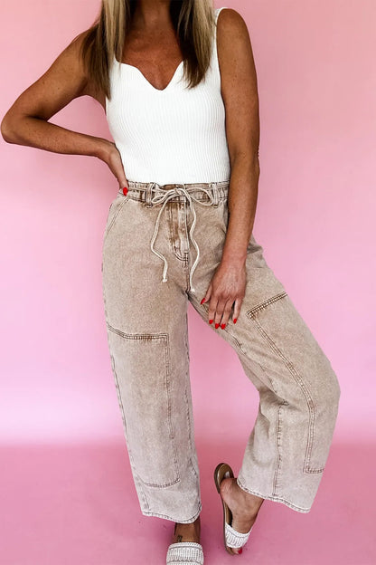 Gray Acid Wash Barrel Fit Denim Pants with Waist String