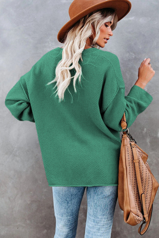Green-2 Henley Pullover Drop Shoulder Sweater with Slits