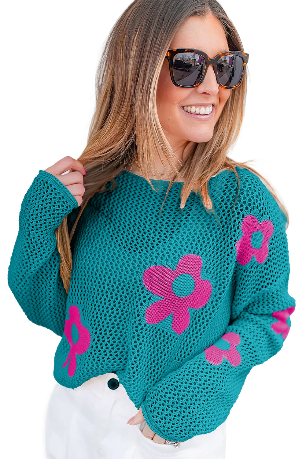 Sea Green Big Flower Hollowed Knit Drop Shoulder Sweater