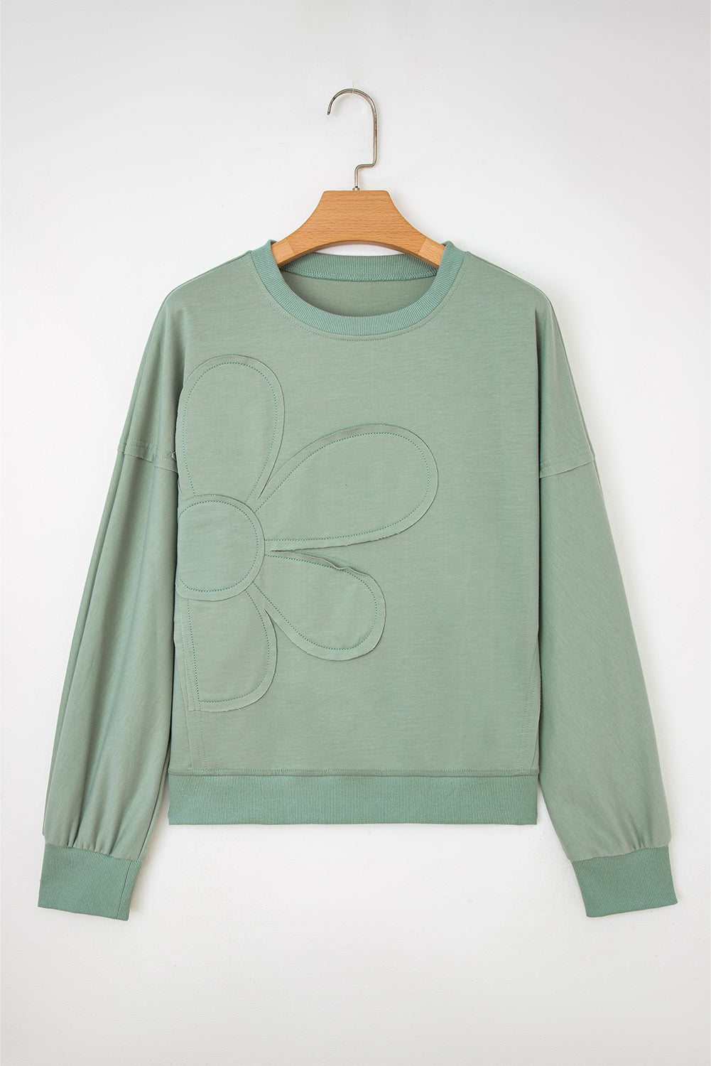 Coffee Raw Edge Flower Patch Drop Shoulder Casual Top