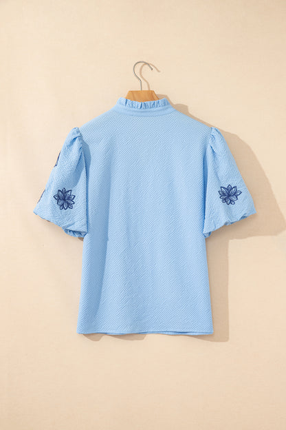 Beau Blue Flower Embroidered Puff Sleeve Split Neck Textured Blouse