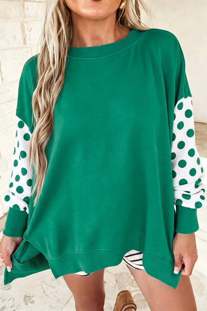 Khaki Polka Dot Patchwork Sleeve Crew Neck Loose Pullover Sweatshirt