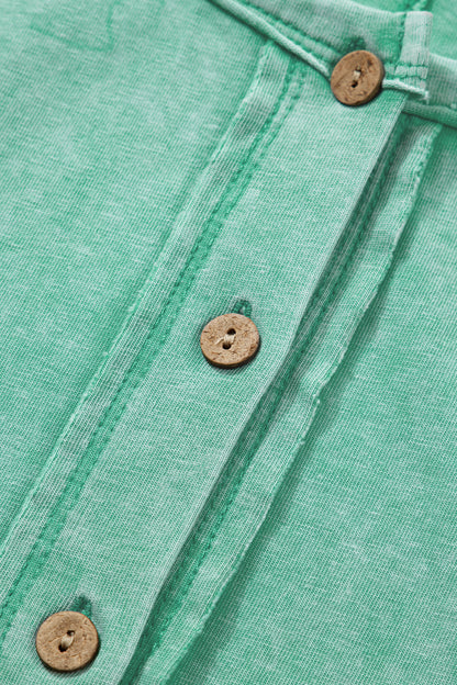 Mint Green Half Buttons Raw Seam Raglan Sleeve Mineral Wash T Shirt