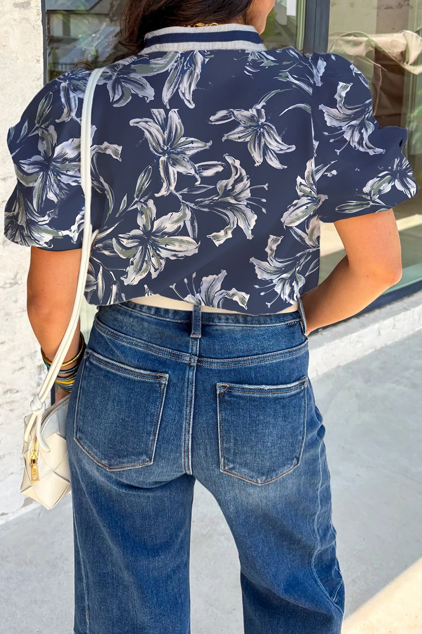 Blue Floral Print Short Puff Sleeve Striped Trim V Neck Blouse