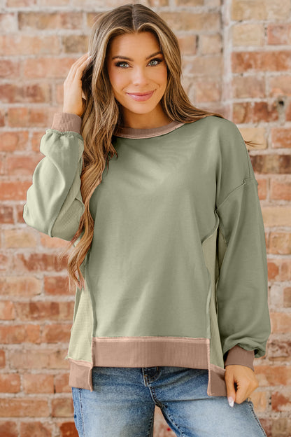 Smoke Green Color Block Mix Texture Waffle Patchwork Oversize Sweatshirt