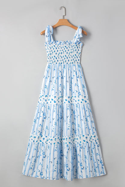 Sky Blue Floral Smocked Tied Straps A-Lined Tiered Maxi Dress