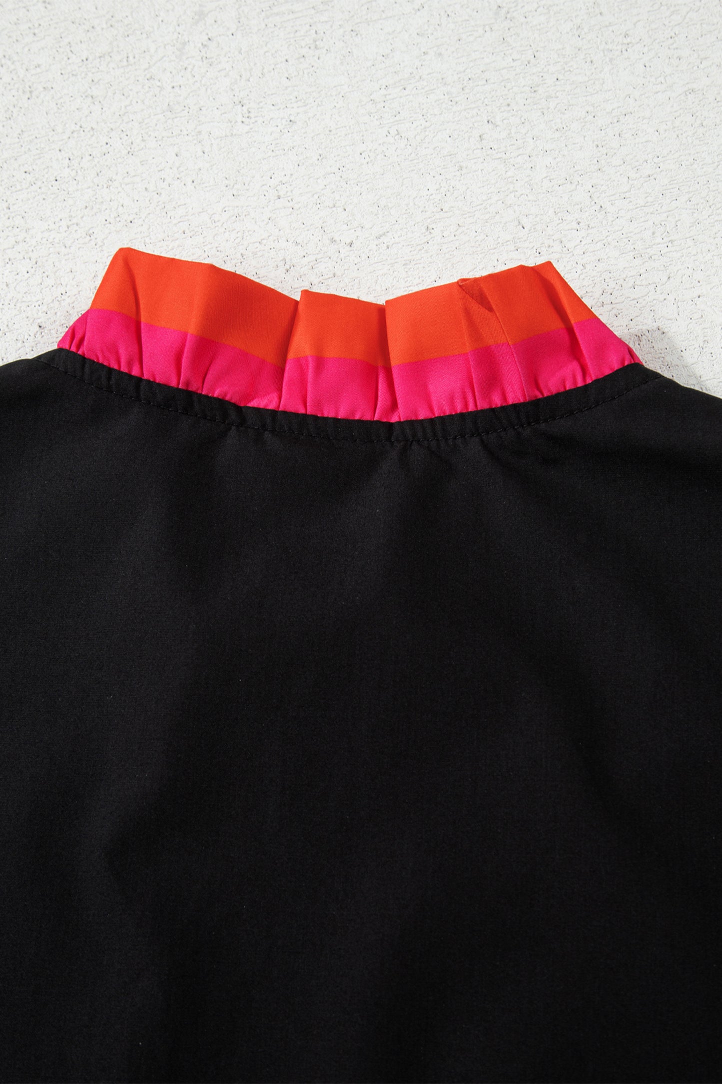 Black Striped Trim Ruffle Split Neck Long Sleeve Blouse