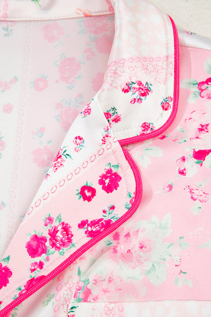 Pink Mixed Floral Print Contrast Piping Trim Satin Tie 2pcs Pajama Set