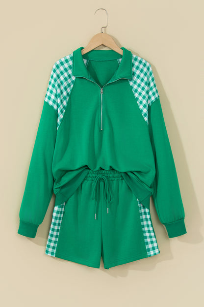 Bright Green Plaid Patchwork Half Zip Pullover Drawstring Short Set