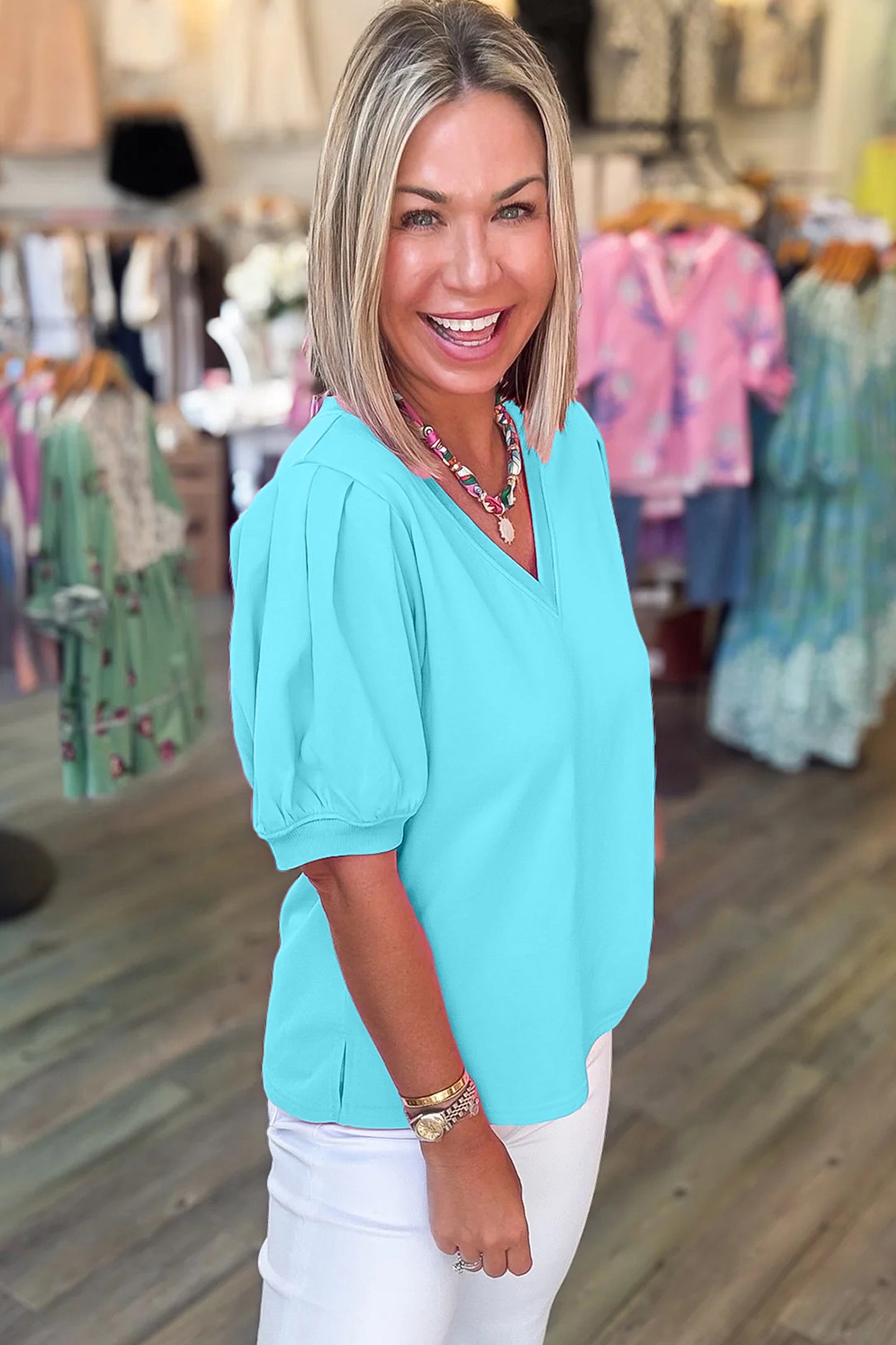 Yellow Solid Color V Neck Short Puff Sleeve Blouse