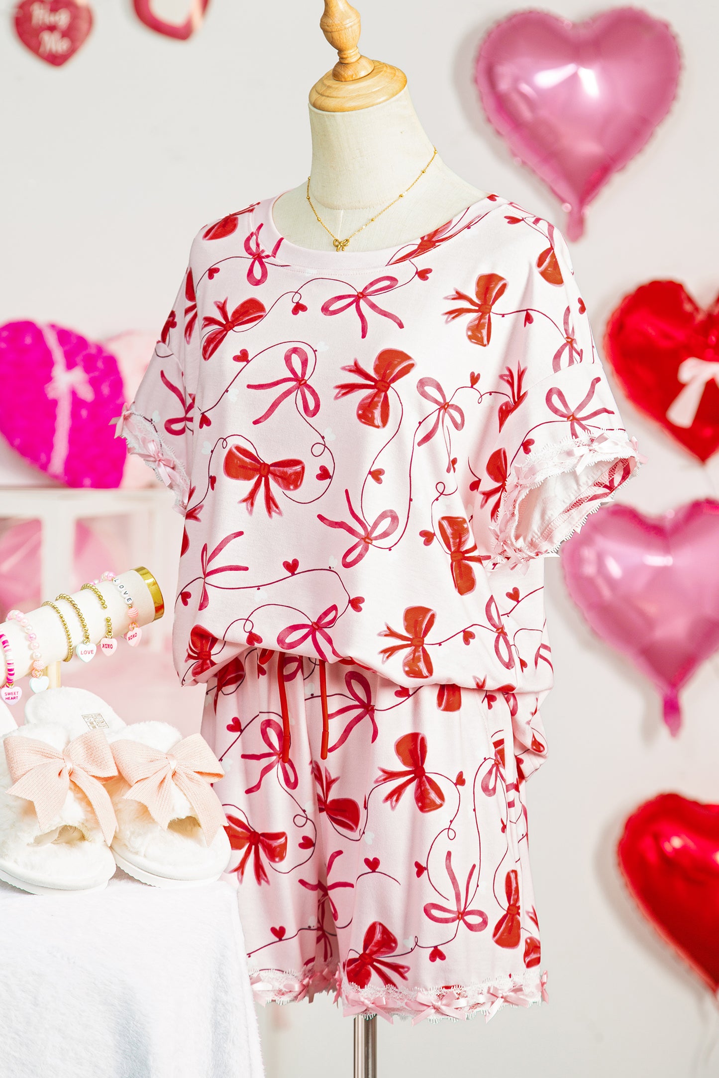 Red Romantic Bow Print Loose Tee Drawstring Shorts 2pcs Lounge Set