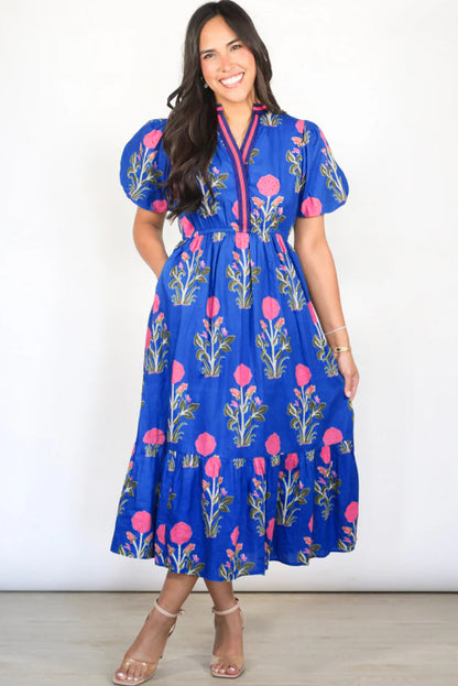 Blue Floral Puff Short Sleeve V Neck High Waist Maxi Dress