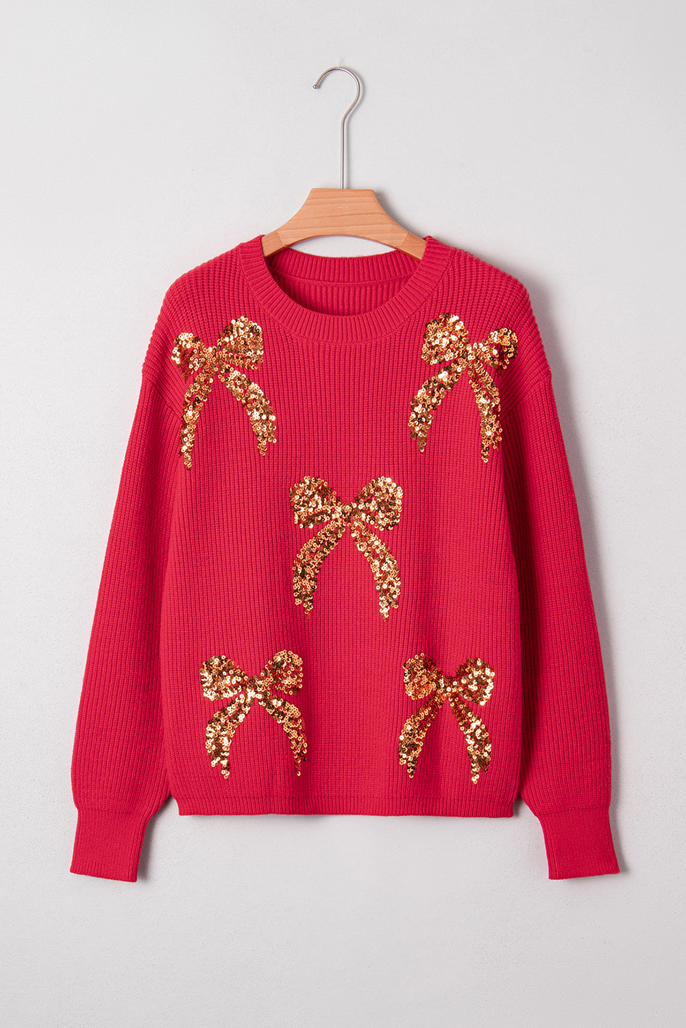 Fiery Red Sequin Bow Accent Drop Shoulder Festive Sweater