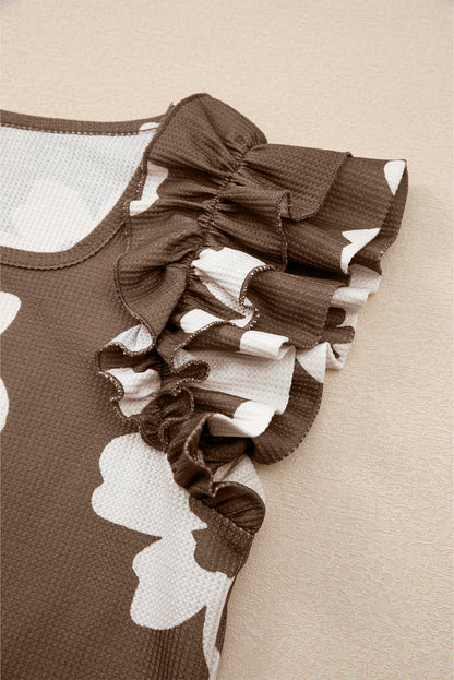 Brown Floral Textured Ruffled Short Sleeve Square Neck Blouse