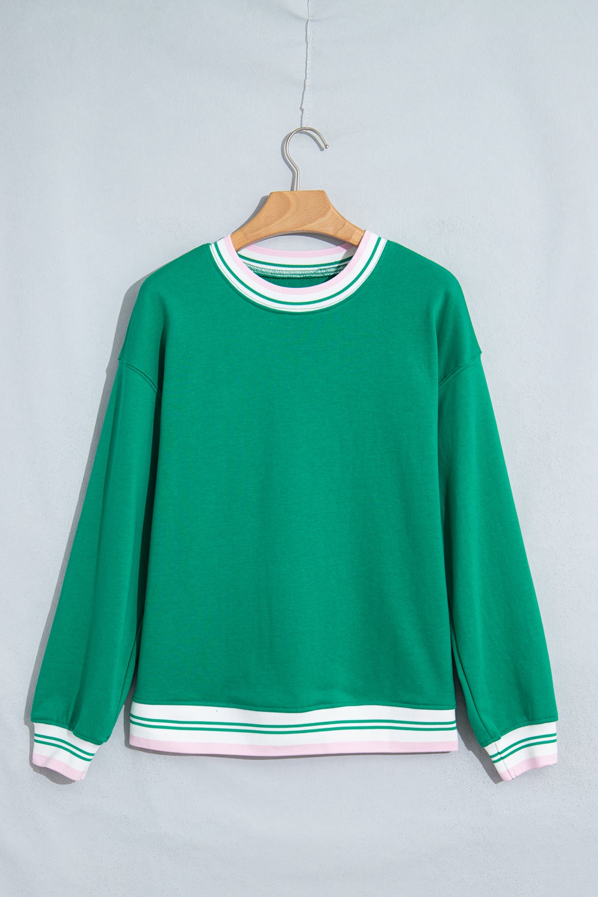 Light Pink Contrast Striped Trim Baggy Pullover Sweatshirt