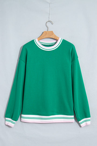 Light Pink Contrast Striped Trim Baggy Pullover Sweatshirt
