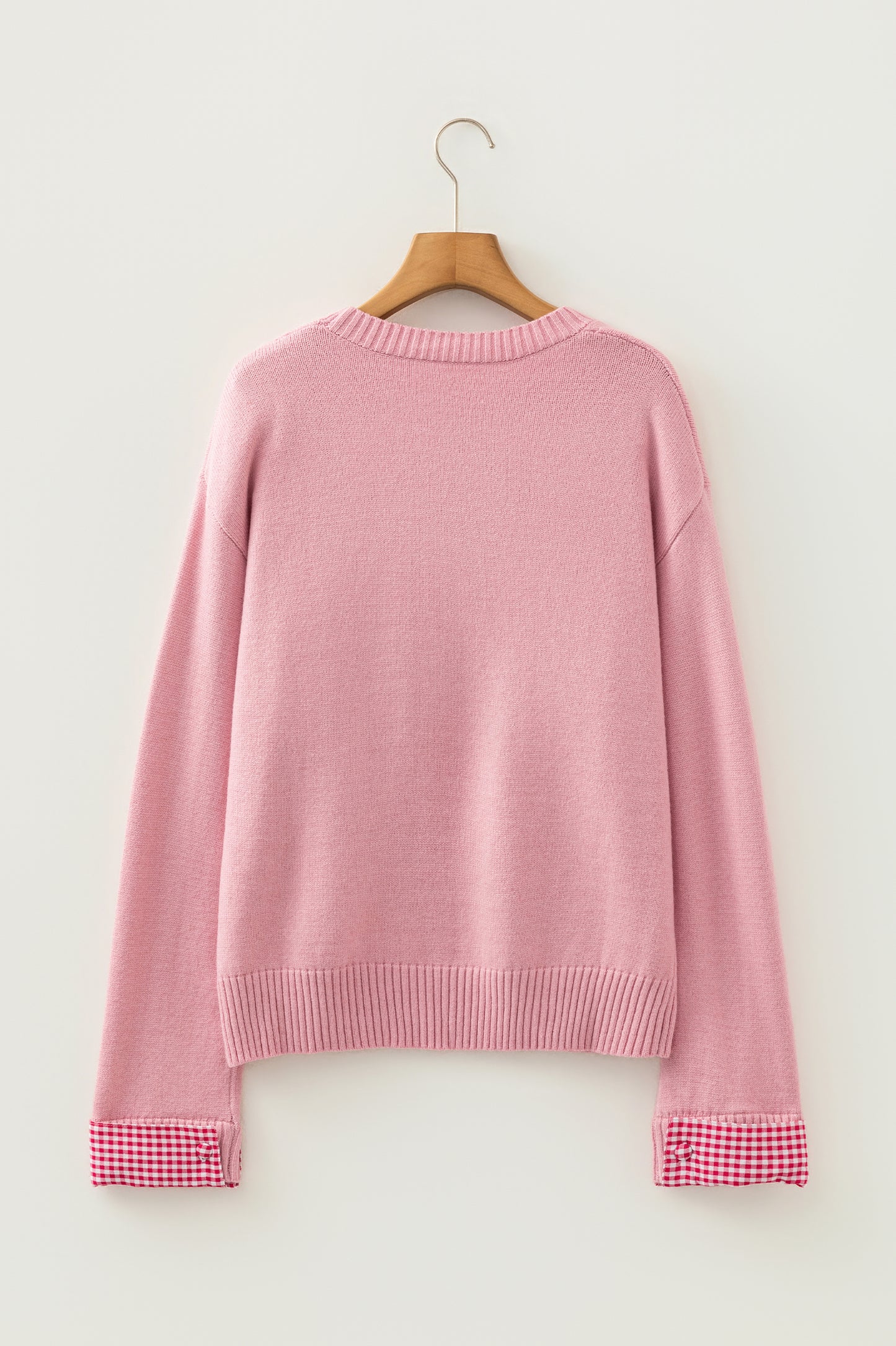 Light Pink Plaid Heart Embroidered Cuffed Drop Shoulder Crew Neck Sweater